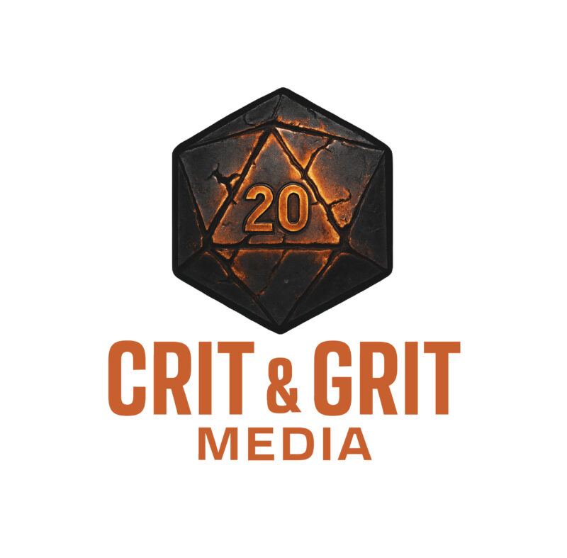 A black 20-sided die with cracks above text "Crit & Grit Media"