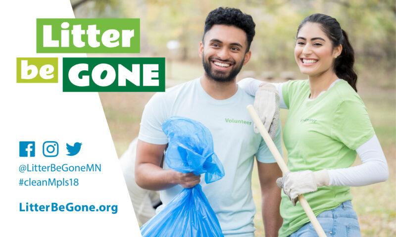 smiling man and woman holding trash bag in a park. Litter Be Gone logo, social handle, and website URL.
