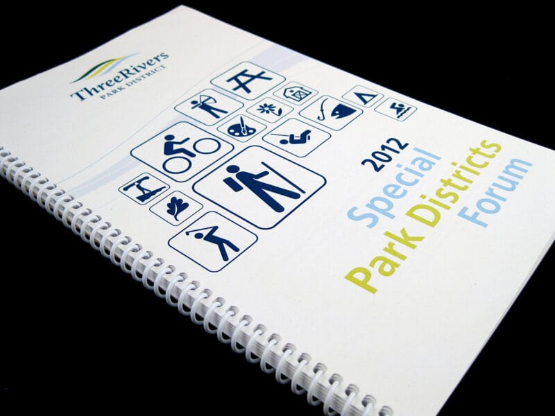 cover of coil-bound notebook with icons and text 2012 Special Park Districts Forum